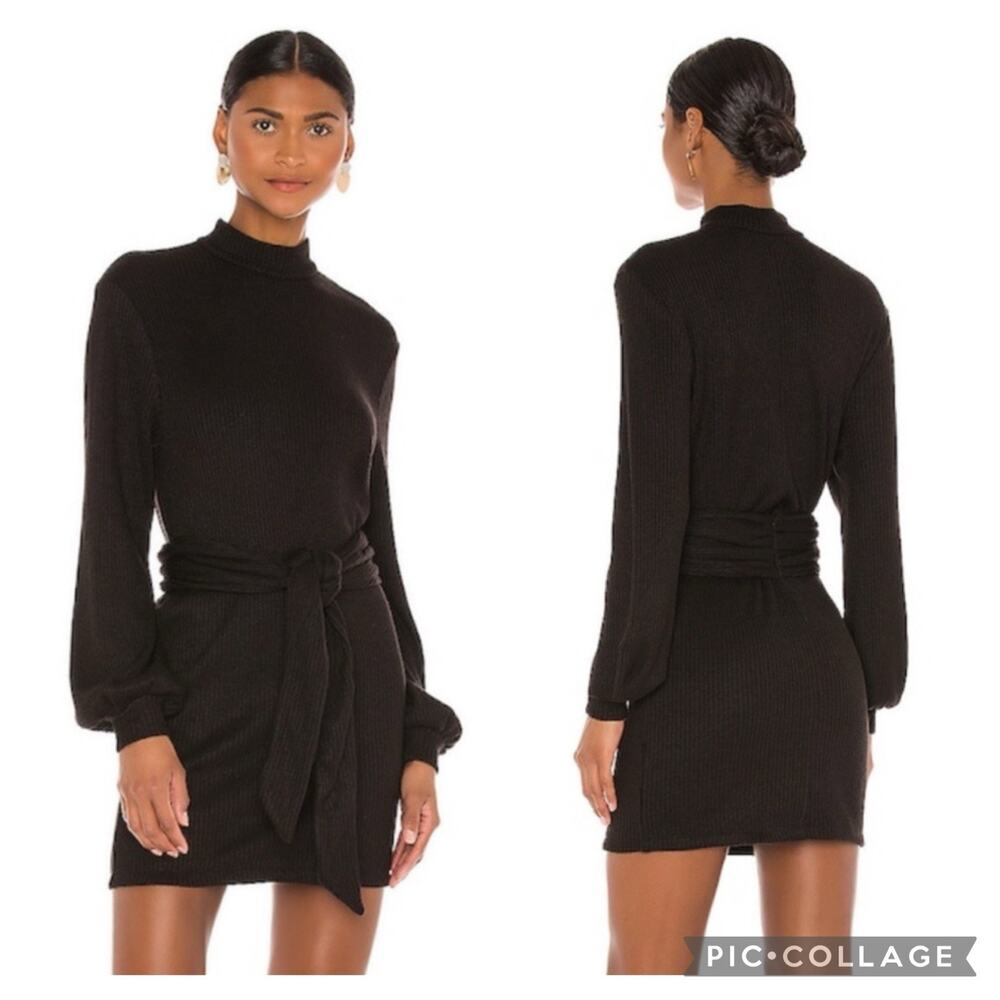 Revolve Black Ribbed Knit MAJORELLE Edwin Sweater Dress Large Mini Belted